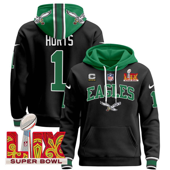 Men's Black Philadelphia Eagles #1 Jalen Hurts 2025 Super Bowl LIX With 4-Star C Patch Pullover Stitched Hoodie